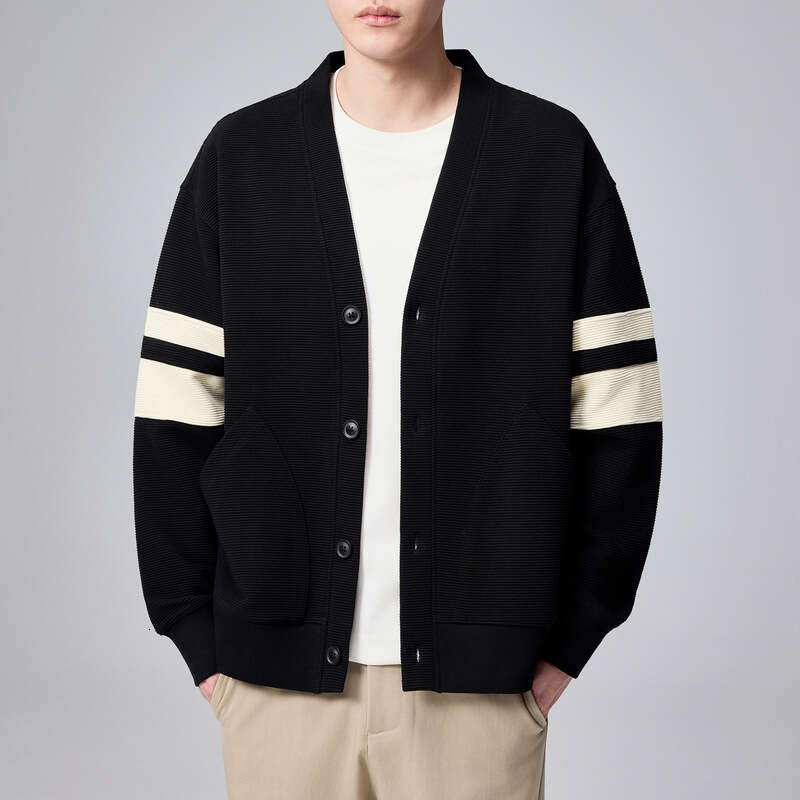 Momaike 350G Striped Texture Hoodie Cardigan For Men, 2024 Autumn New Style, Simple Contrasting Color Men's Coat 55549
