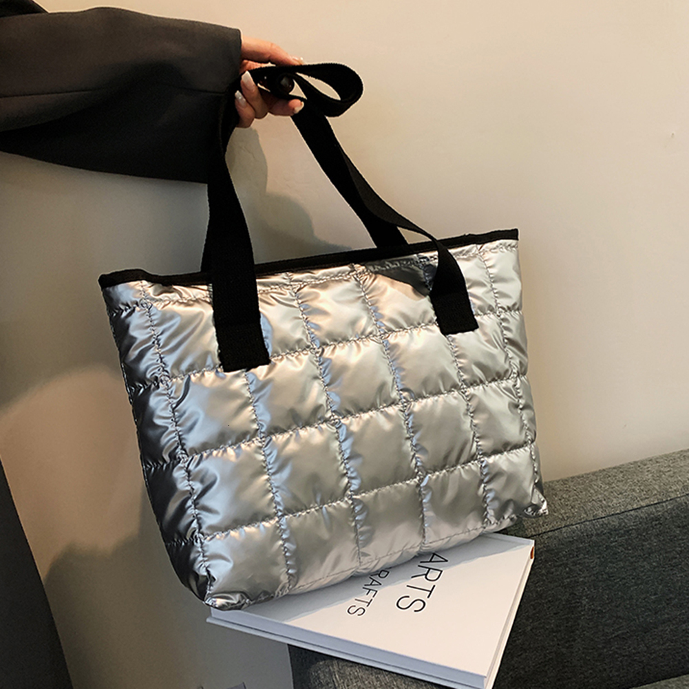 Women Fashion Solid Color Shopper Casual Soft Nylon Lady Handbags Winter Capacity Quilted Shoulder Bags For Female