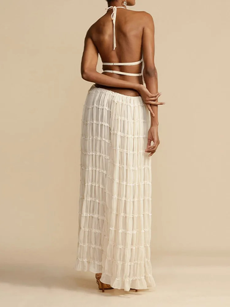 Fashion Long Skirt Set Women Sexy Sleeveless Backless Cropped Halter Top High Waist 2 Piece Sets Lady Chic Beach Dresses 240415