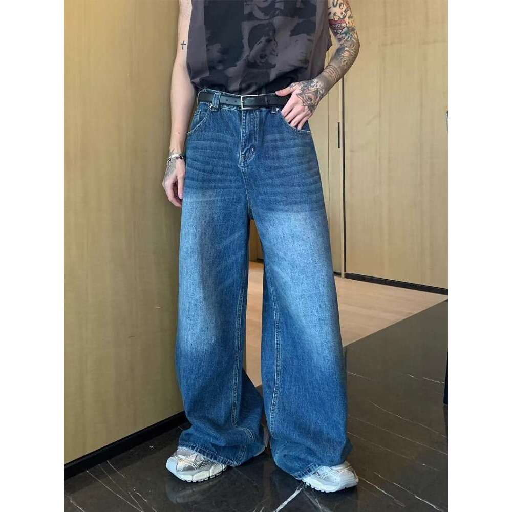 MenBaggy Straight Jeans Distressed Blue Fashion Youth Streetwear Denim Pants Personality Hip Hop Male Trousers Trendy Brand