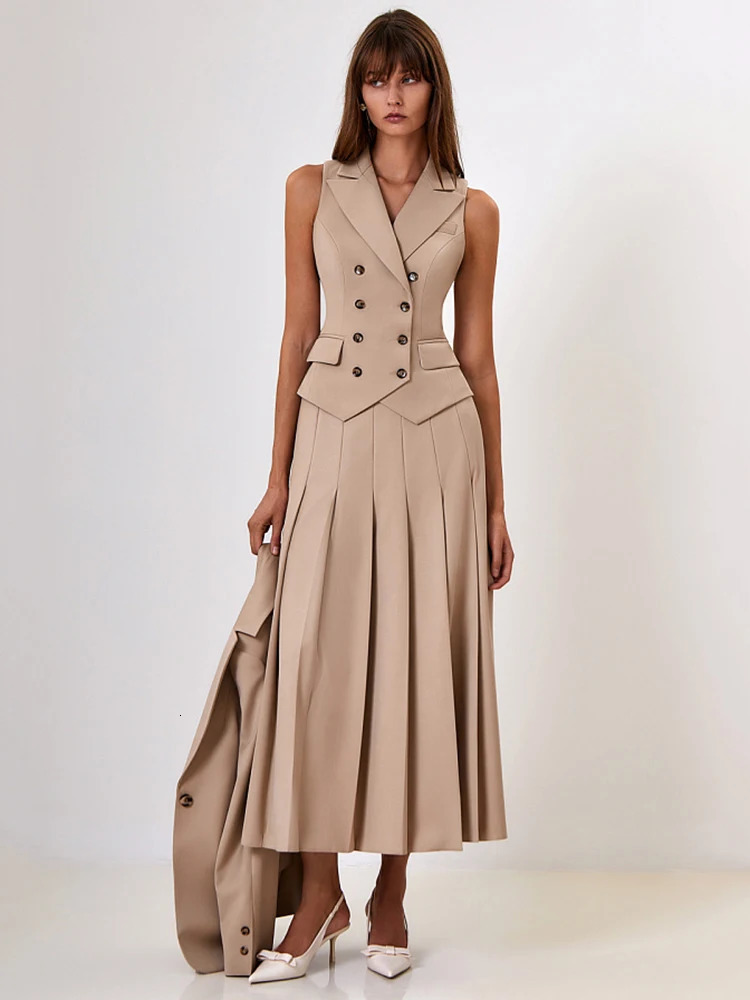 Mozision Autumn Two Piece Sets Women Double-breasted Vest And Split Skirt Matching Sets Fashion Long Pleated Skirt Two Piece Set 241114