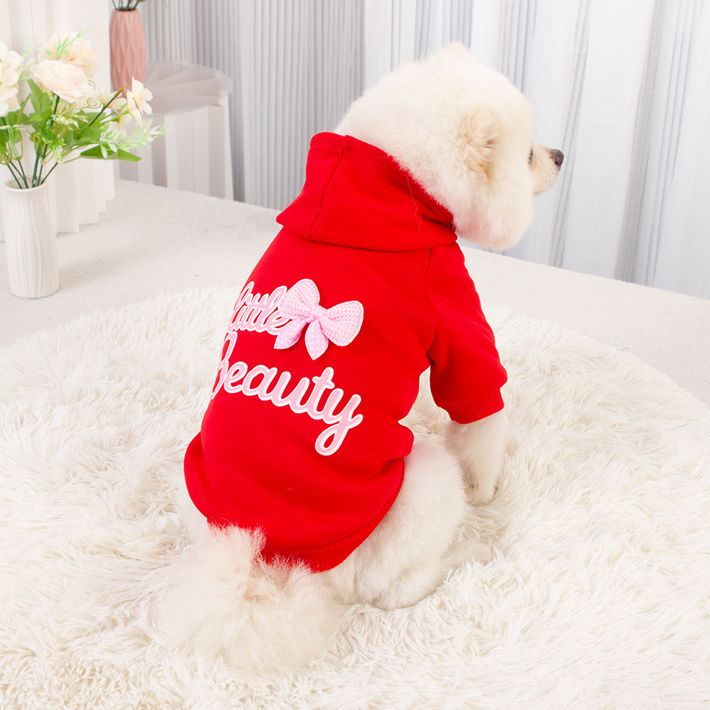 Pink Bowknot Dog Cotton Hoodie Fleece Lined Beauty Printing Designer Dog Hoodie Shirt with Leash Hole