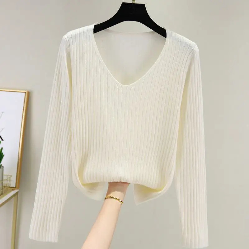 Korean Fashion Womens Solid Slimming V-neck Sweater Spring and Autumn Edition Bottom Casual Long Sleeve Basic Knitted Floral Top 241115