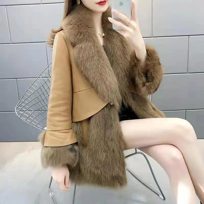 Winter Womens Coat Fashion Faux Sheepskin Fur Patchwork Long Sleeves Coats Trendy MediumLength Buttons Jacket 241115