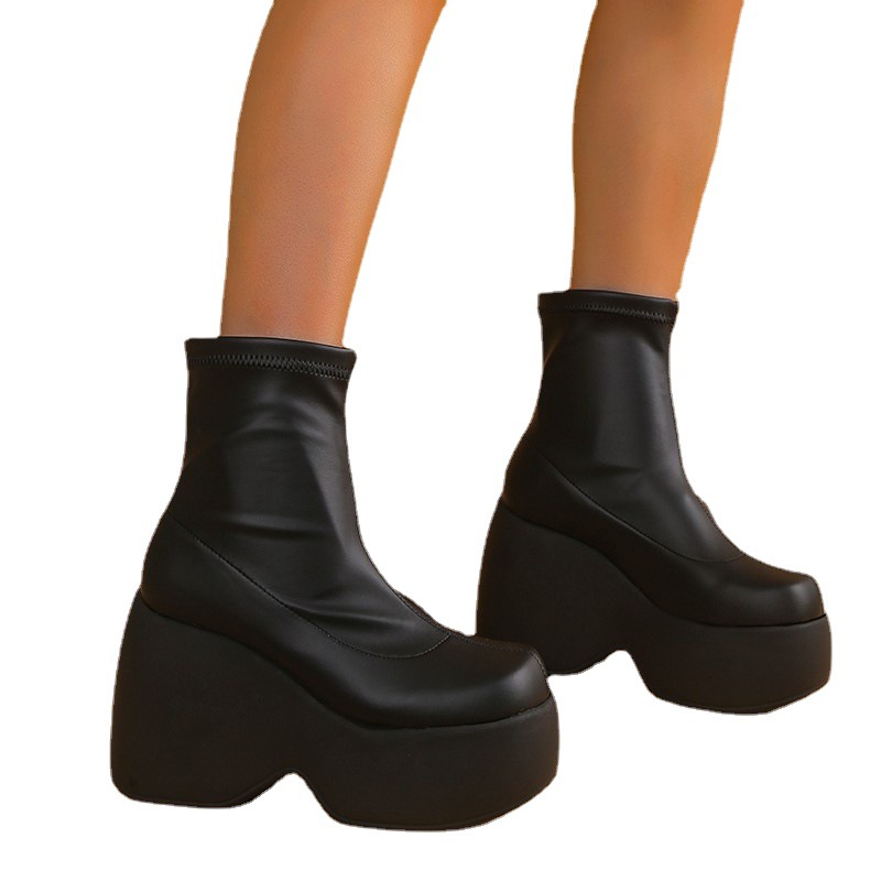 Punk Style Thick Soled Sloping Heel 40-43 Large Fashionable High Top Women's Boots.