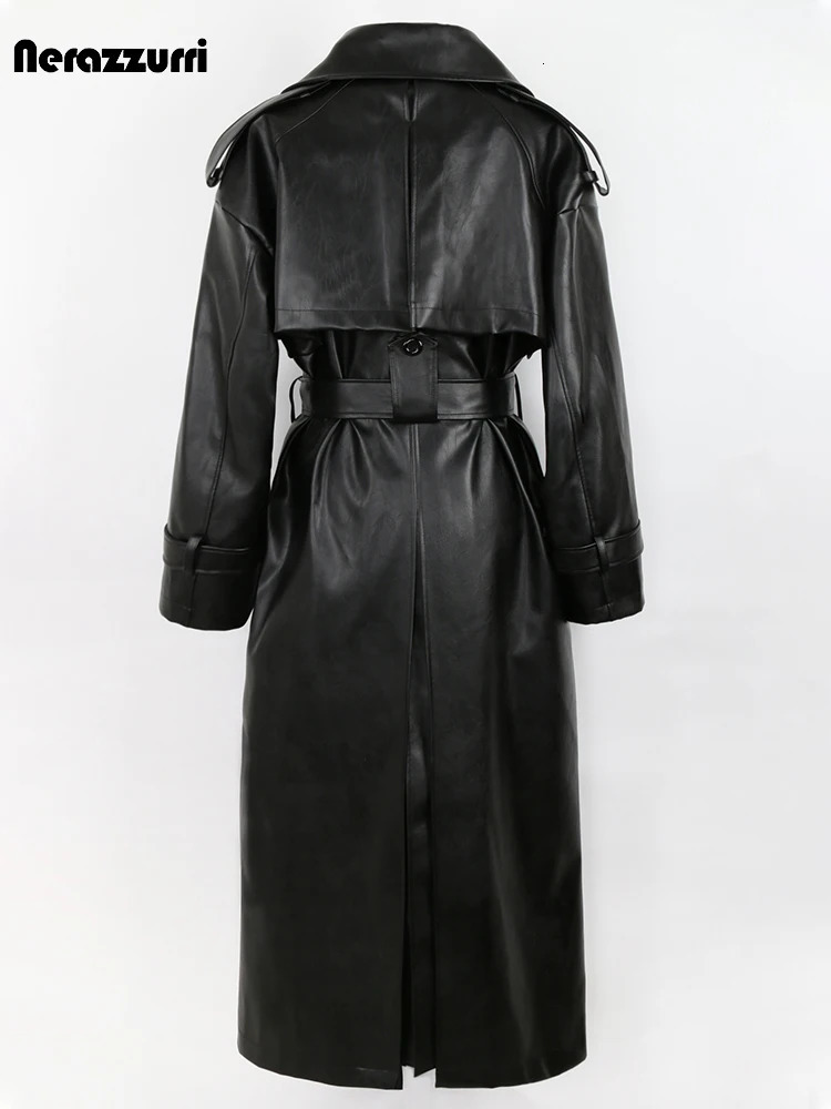 Nerazzurri Spring Autumn Long Oversized Black Pu Leather Trench Coat for Women Belt Double Breasted Loose Casual Korean Fashion 241115