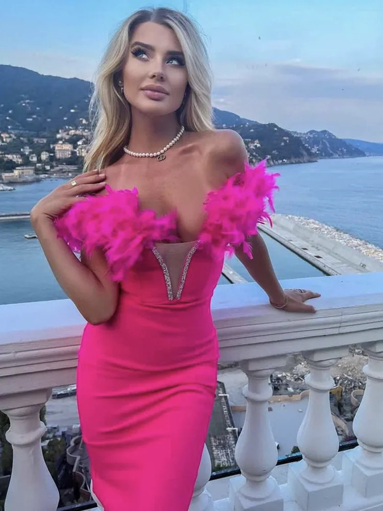 Summer Fashion Women Sexy Off Shoulder Feather Black White Pink Midi Bodycon Bandage Dress Elegant Evening Club Party 240415