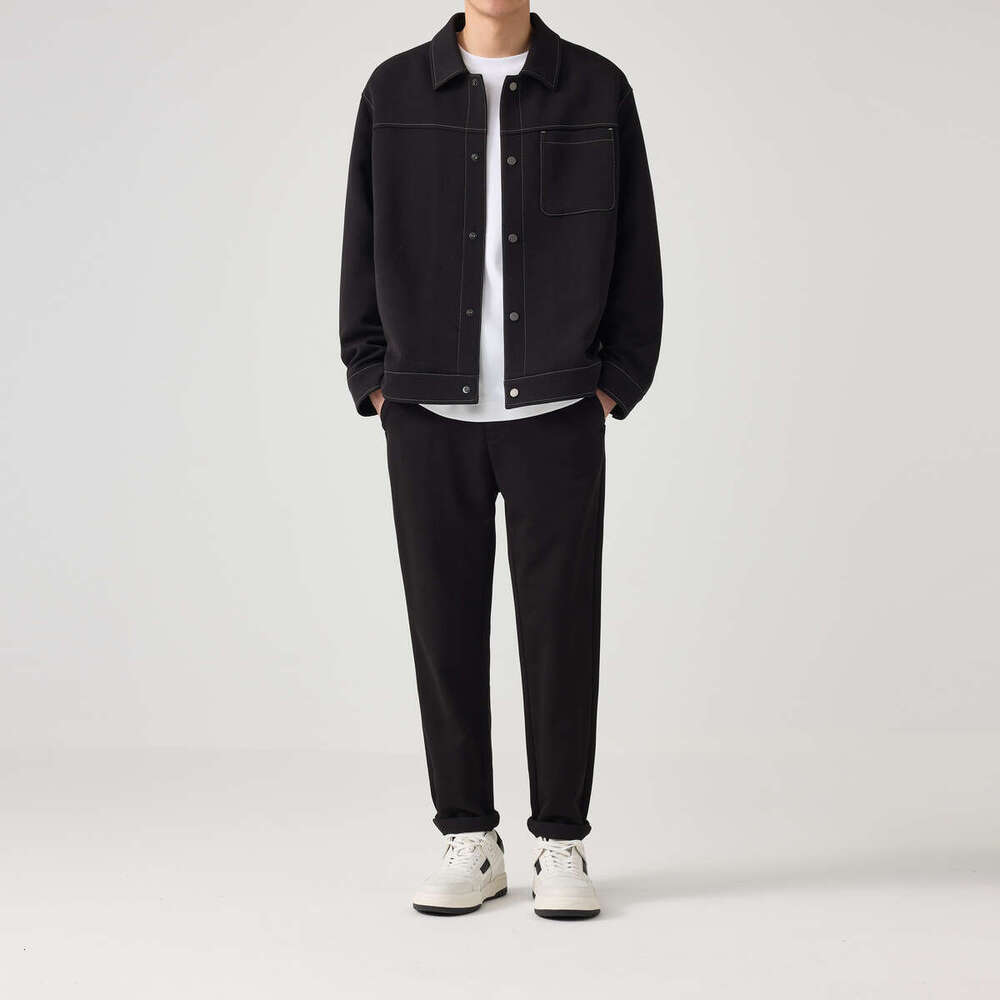 Momaike Minimalist Casual Denim 2024 Autumn Fashion Bright Line Lapel Men's Jacket 80730