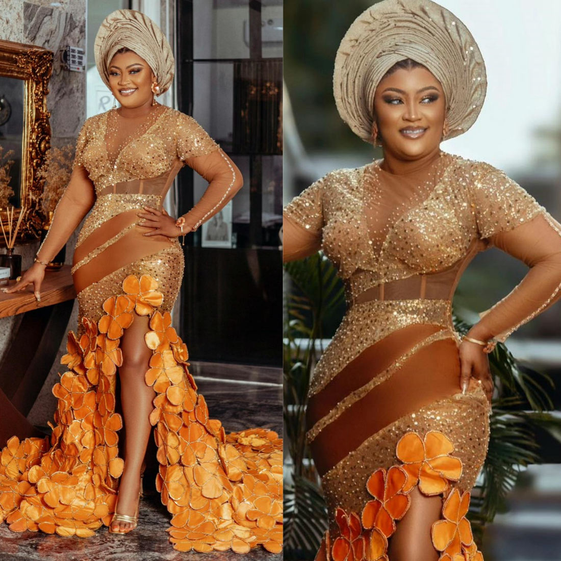 2024 Plus Size Orange Prom Dresses for Black Women Illusion Mermaid Evening Dresses Elegant Sequined Lace Side Split Hand Made Flowers Birthday Gala D