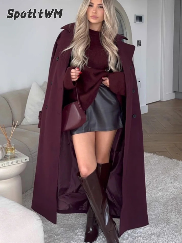 Elegant double breasted long sleeved coat with vintage neckline wine red womens wool coat street womens long coat 241115