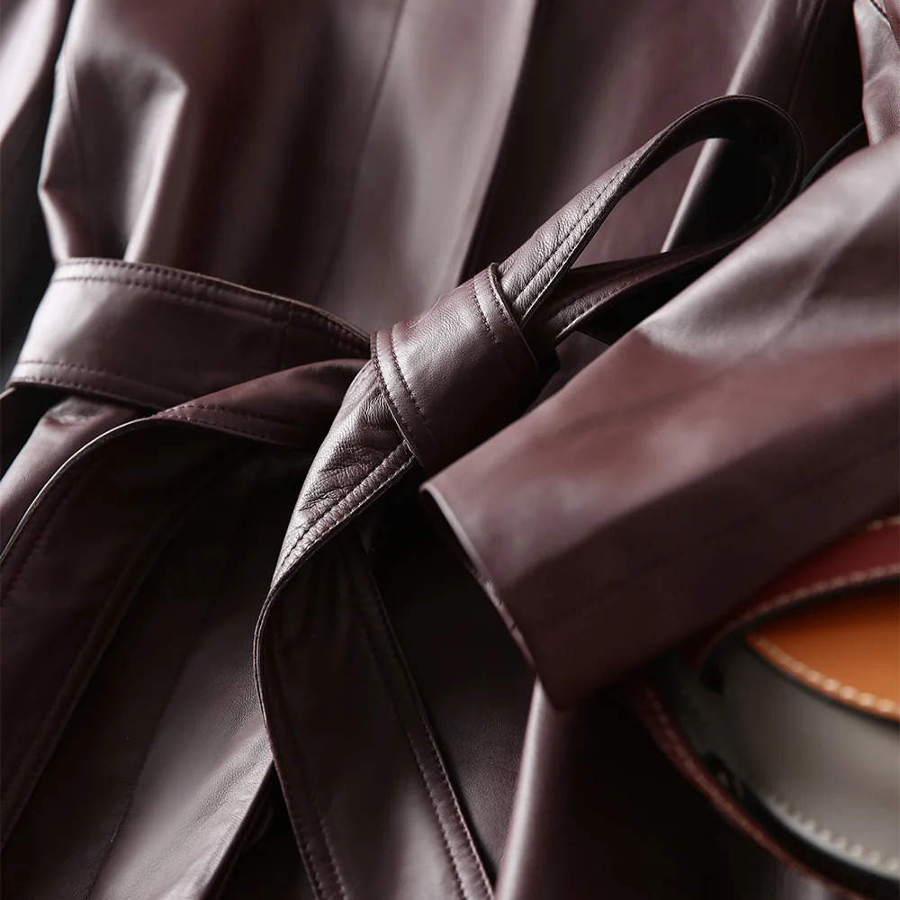 Womens Genuine Leather Coat Lace Up Sheepskin Jacket Long Trench Large Size Tops Spring And Autumn 241115