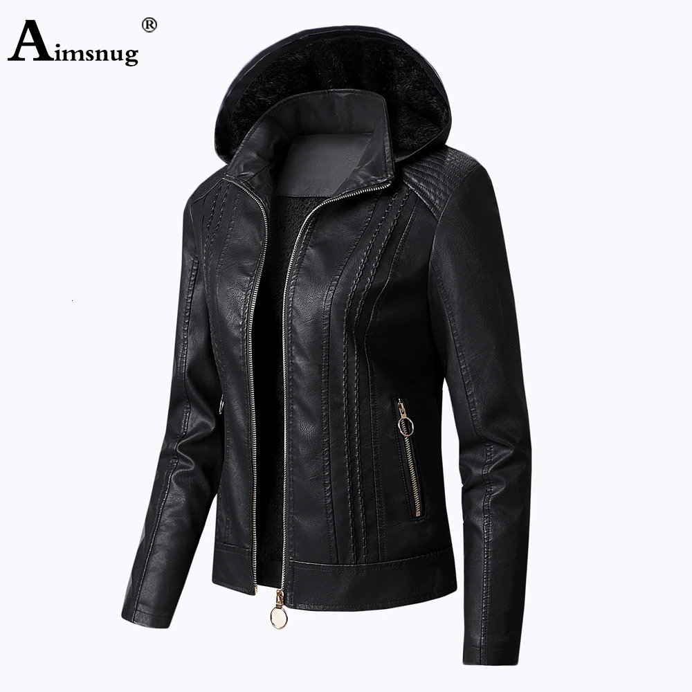 Women Faux Pu Leather Jackets Autumn Winter Hooded Outerwear Pockets Zipper Coat Slim Biker Jacket Blue Hoodies Plus Velvet 241114