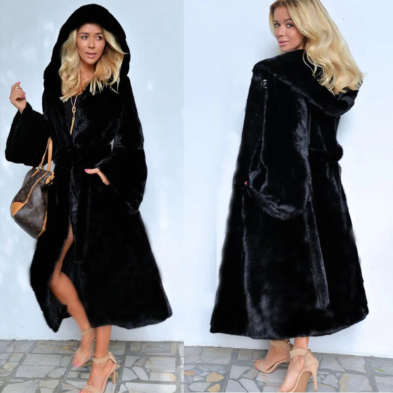 White Belted Faux Fur Coat Women Winter Clothes Hooded Fluffy Jacket with Belt Long Plush Coats Thick Warm Slim Furry Overcoats 241115