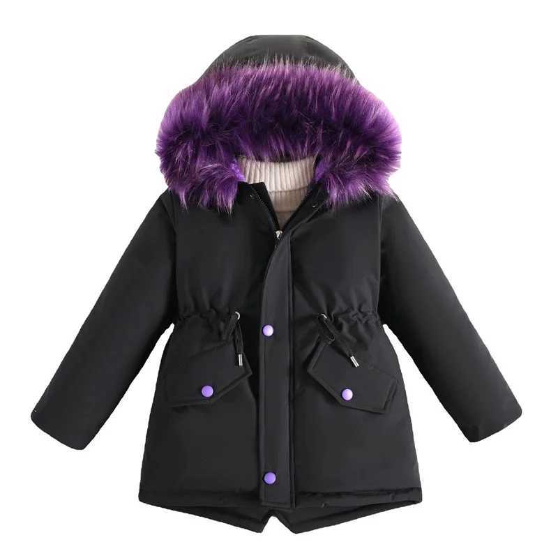 New winter cotton coat for girls aged 4-12 childrens large fur collar medium length cotton jacket X241115