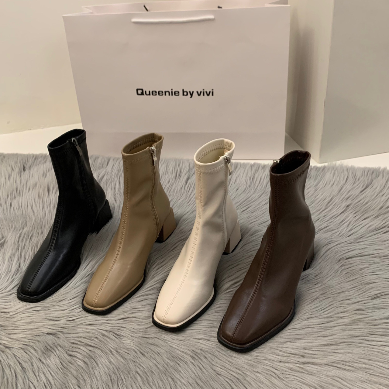 French Velvet New White Square Toe Short Boots.