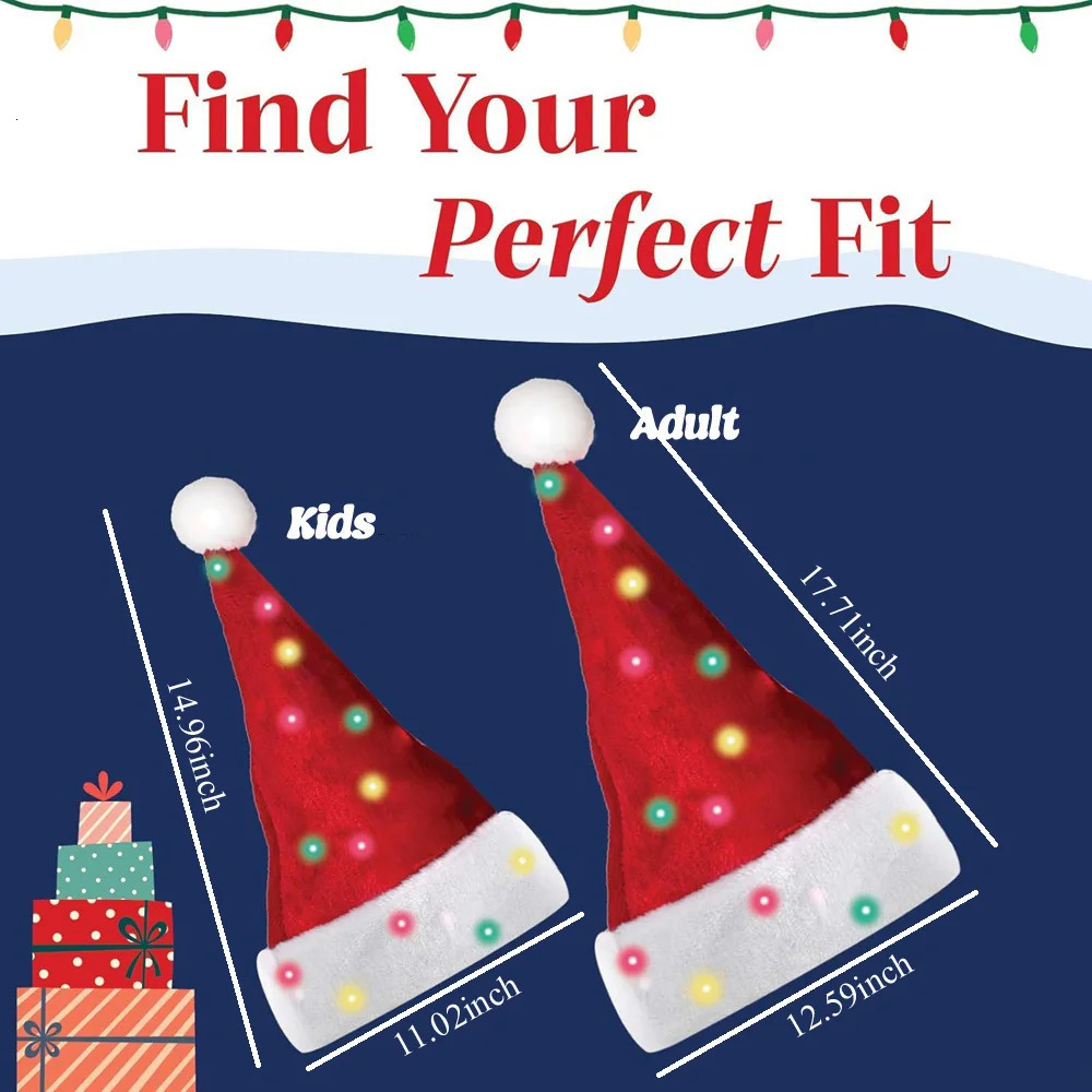 Santa Hat LED Light Year Cute Kids Adults Cap Funny Christmas Hats for Kids Adults Winter Gift Holiday Party Decorate 241115