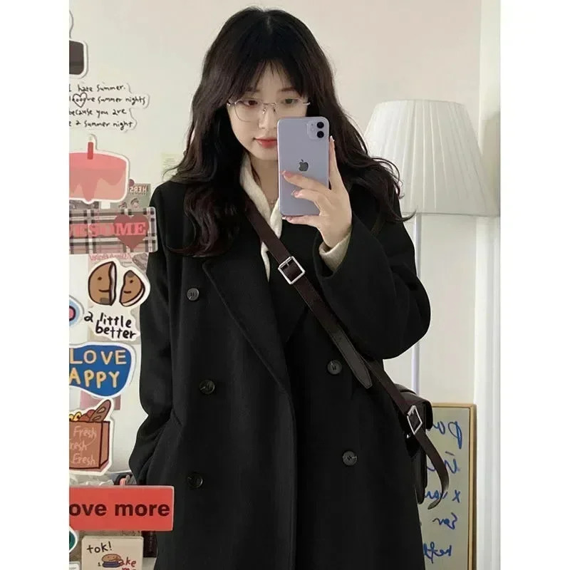 Womens medium length coat black wool jacket student jacket Korean style loose fit suitable for weight loss thick wool coat winter 241115