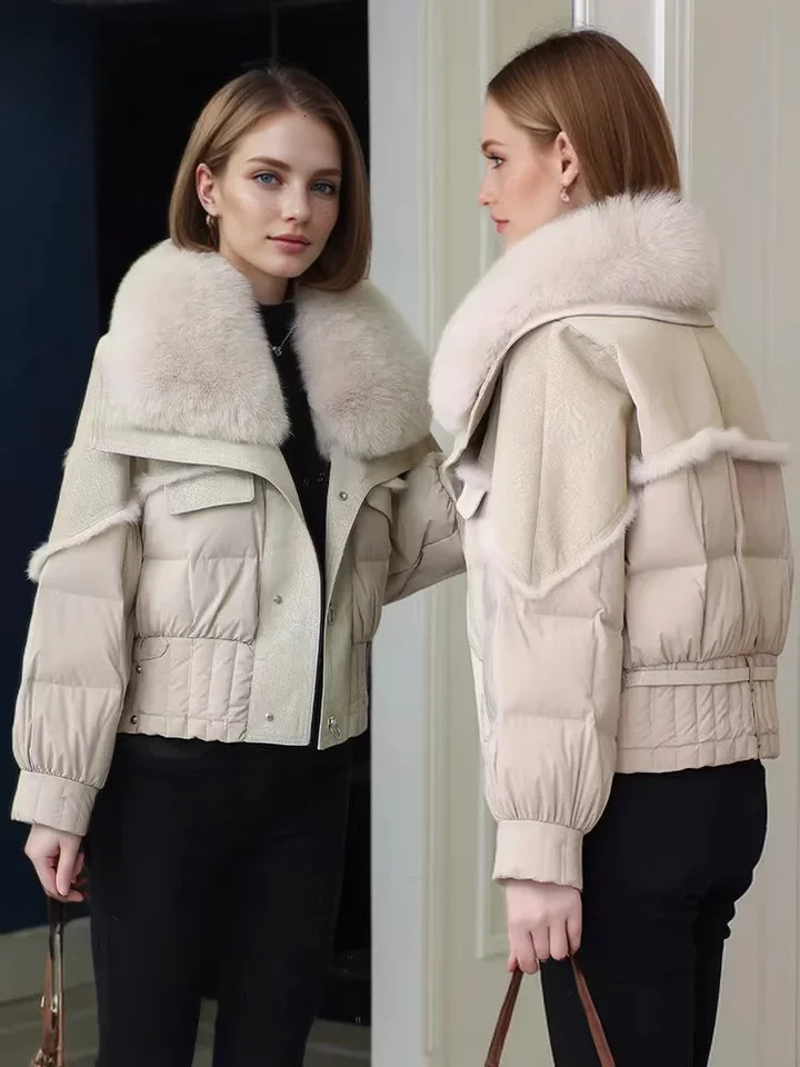 Womens Fur Down Jacket Coat 2024 Short Style Outerwears Natural Collar White Goose Sheepskin Fabric 241115