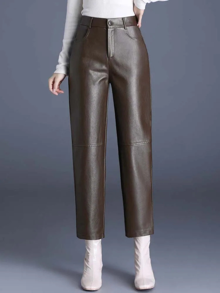 ZUZK Womens PU Leather Pencil Pants High Quality Autumn Winter Elastic Waist Warm Ankle Elegant Trousers 241115