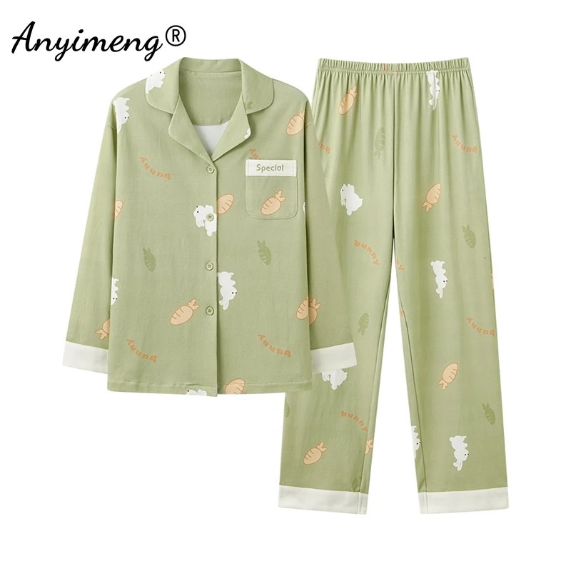 Cute rabbit printed pajamas for autumn and winter womens cotton sleepwear long sleeved sleepwear for womens open top sleepwear lapel Japanese sleepwea