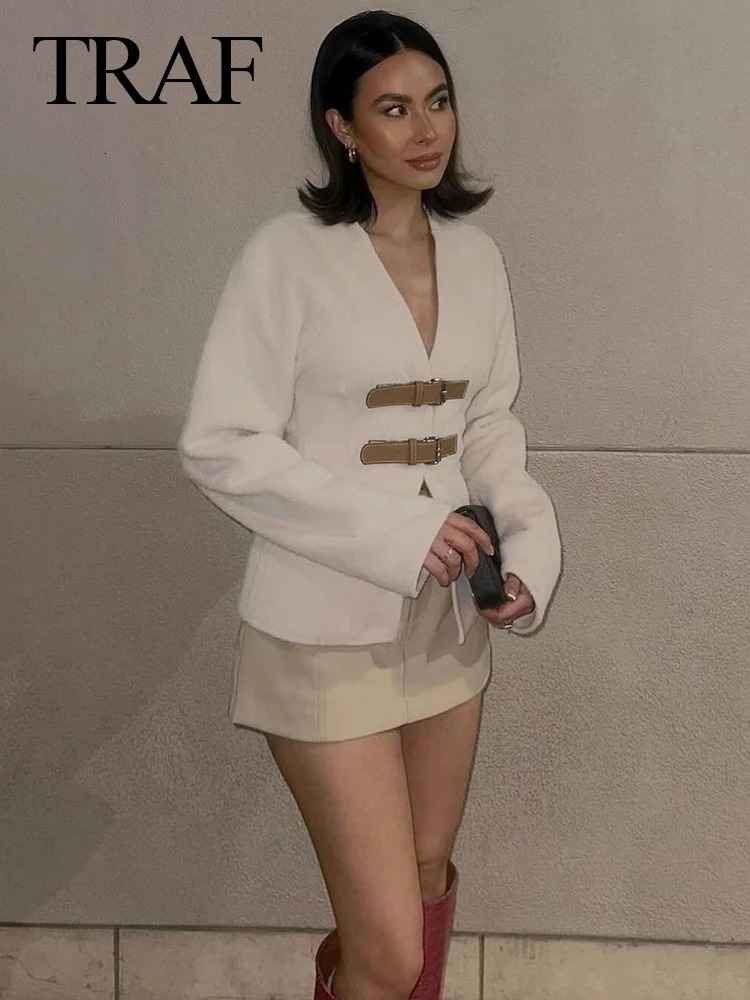 TRAF Woman Vintage White Leather Buckle Woolen Jacket Female 2024 Elegant Long Sleeve Single Breasted Coat Lady Spring Sweater 241115