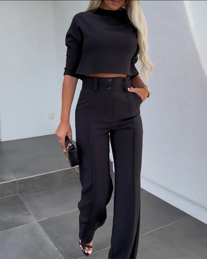 Fashion Womens Elegant Small High Neck Casual Shorts Top Pocket Micro Horn Pants Set 240408
