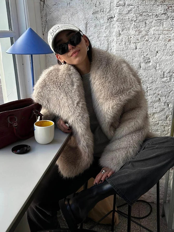 DUOPERI Women Fashion Winter Solid Thick Warm Faux Fur Coat Lapel Collar Long Sleeves Female Chic Lady Casual Outfits 241115