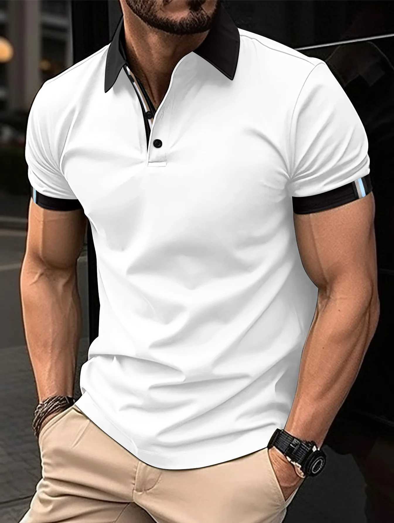 2024 Spring/Summer New Mens Fashion Buckled Collar Casual Short Sleeve Polo Shirt Solid Color Classic Horizontal Fit W241226