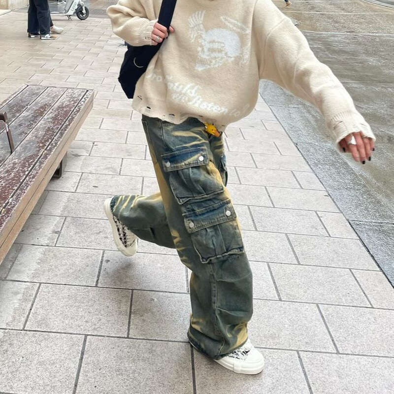 Y2k Hip Hop Retro Streetwear Mens Jeans Distressed Faded Washed Oversized Pockets Loose Cargo High Street Wide Leg Pants