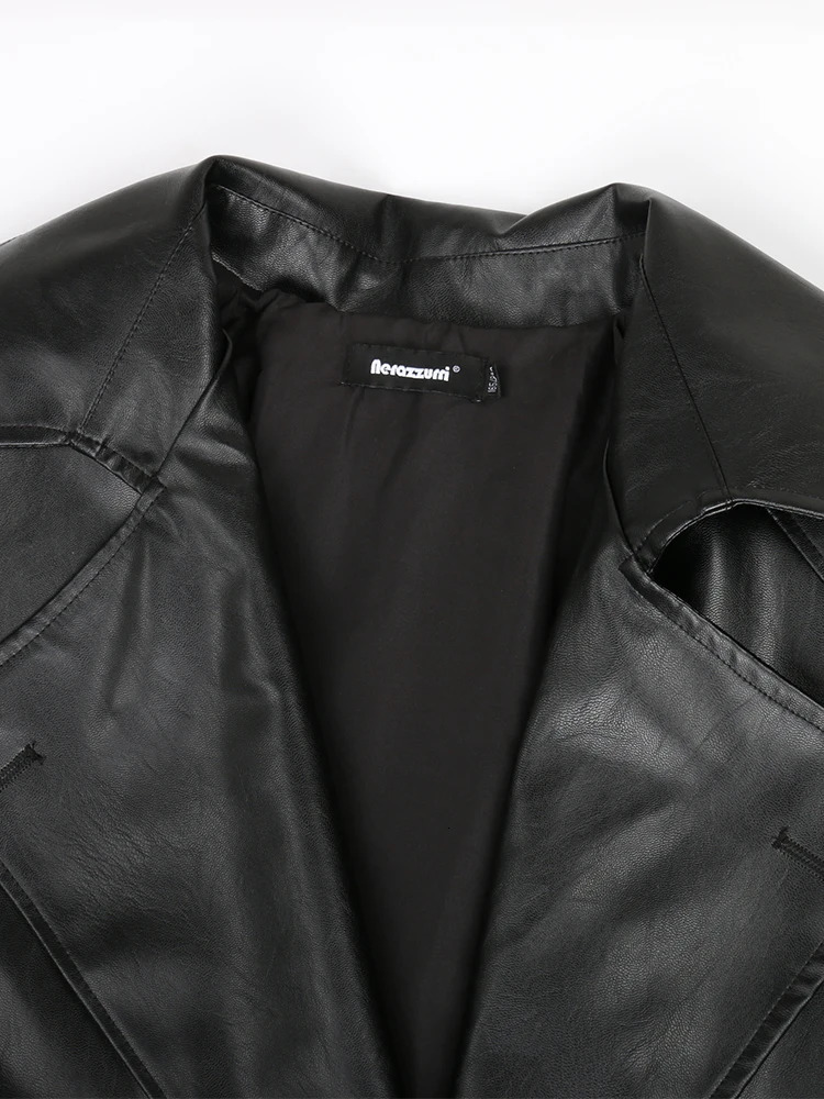 Nerazzurri Spring Autumn Long Oversized Black Pu Leather Trench Coat for Women Belt Double Breasted Loose Casual Korean Fashion 241115