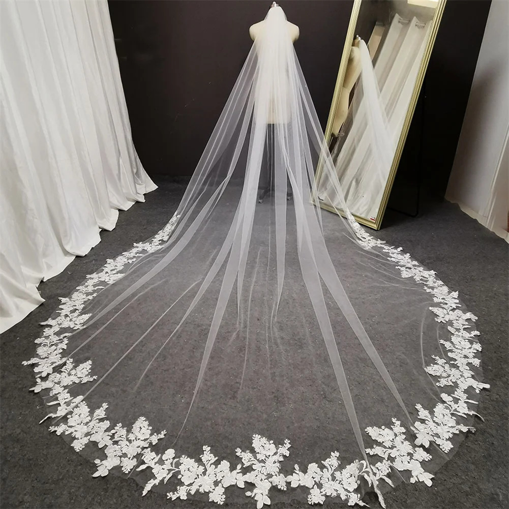 Long lace wedding veil 3D embroidery flower long white cathedral style bridal veil comb wedding accessories bridal headwear 241115