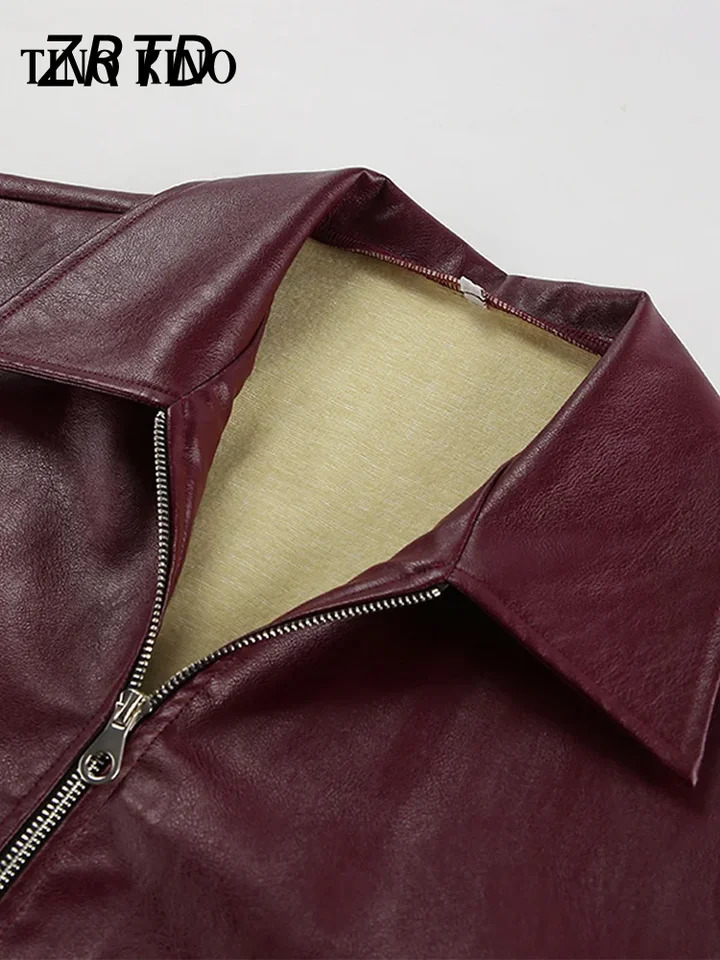 Locomotive Lapel Leather Jacket Women Wine Red Long Sleeve Zipper Pleated Pu Bomber Coat 2024 Autumn High Street Lady Outwears 241115