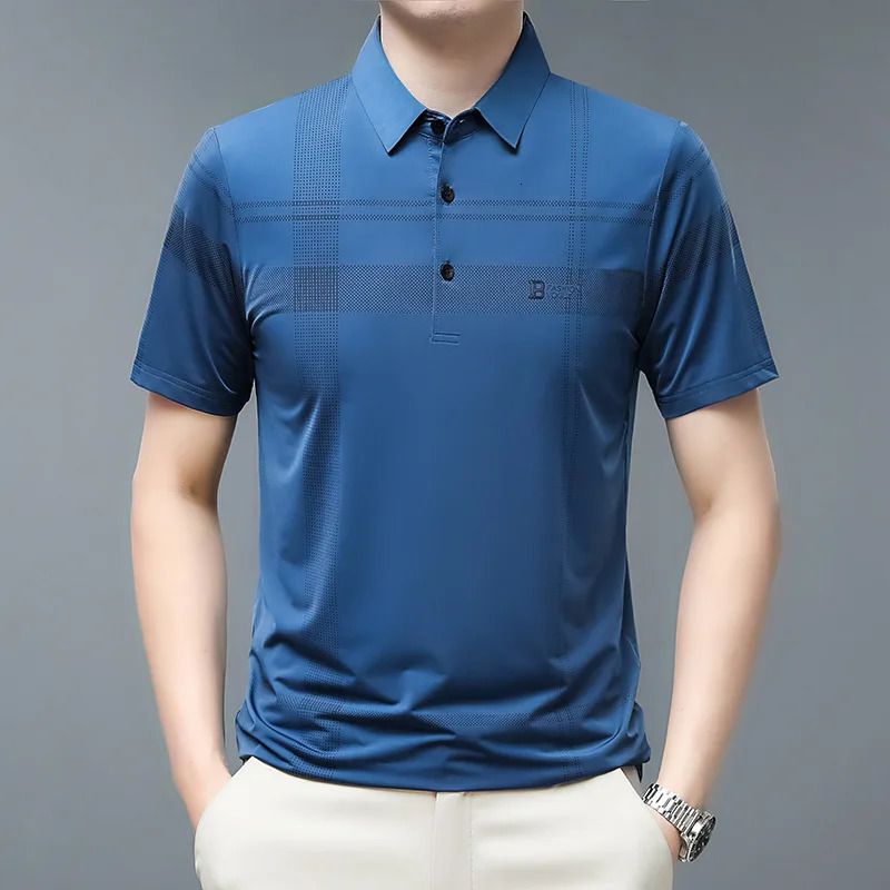 Summer Mens Clothing Short Sleeve Turn-down Collar Polo T-shirt Ice Silk Thin Loose Business Fashion Casual Tops 240407
