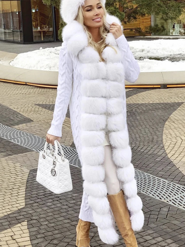 Women Real Fur Cardigan Sweater Natural Long 120125cm Length 241115