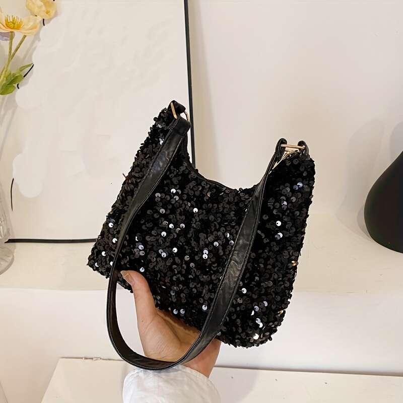 Chic Sequin Crossbody Bag for Women Versatile Nylon Shoulder Purse with Adjustable Strap, Zip Closure - Black