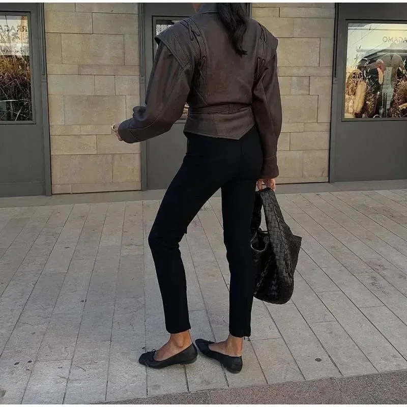 Vintage Street Adjustable Waist Pu Faux Leather Jackets For Women Belt V Neck Button Long Sleeve Motorcycle Coat Lady Outerwear 241115