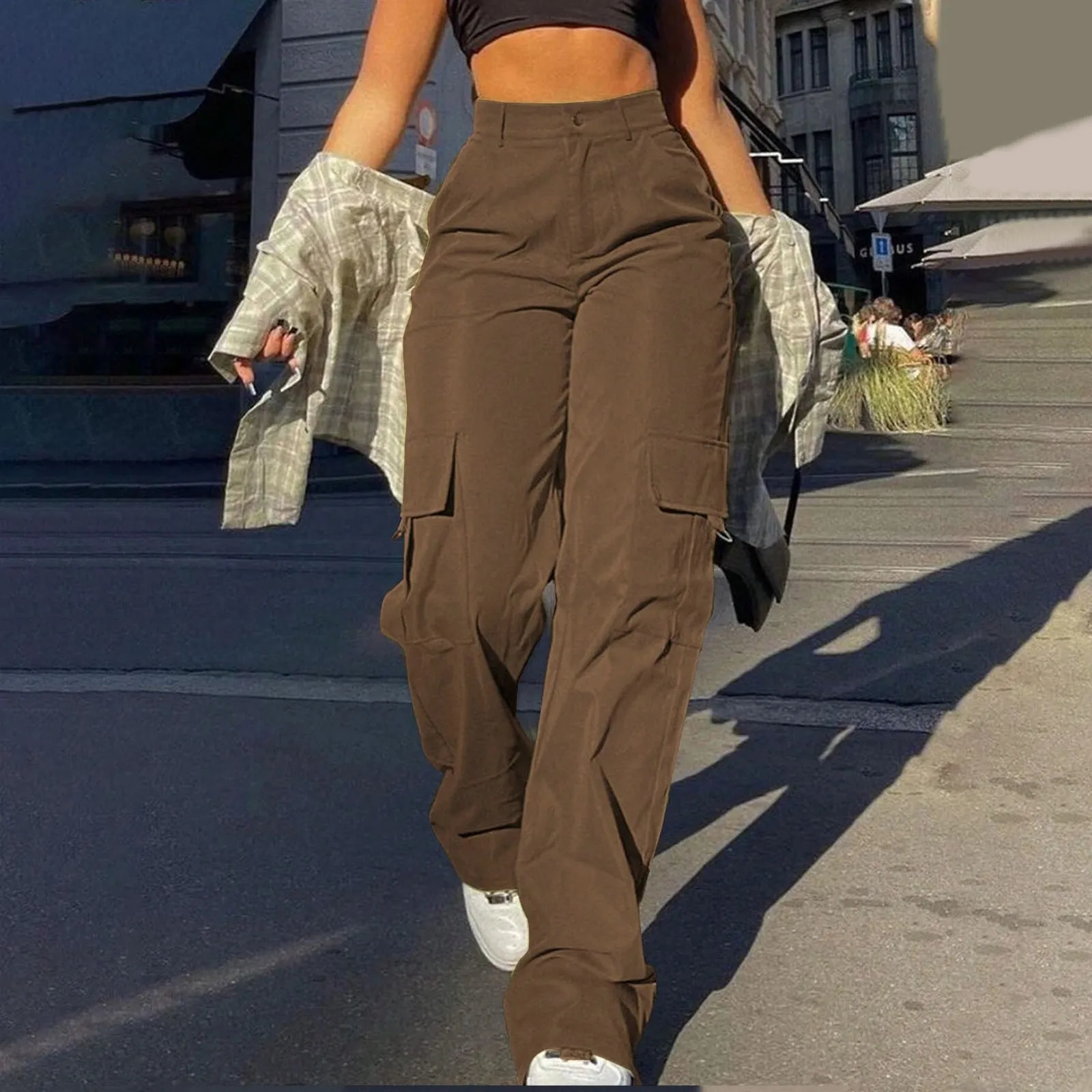 Street Clothing Basic Buckle Cargo Pants Womens Parachute Trouser Solid Straight Leg Large Pocket Full Set Y2K Sports Pants Fashion 241115