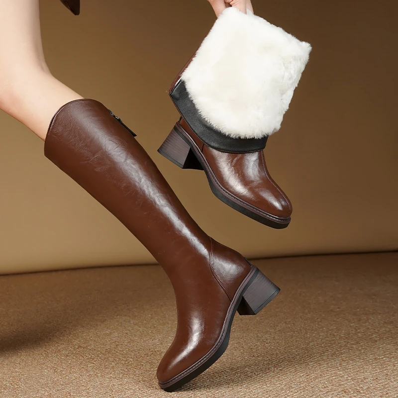 Women Winter Boots Genuine Leather Natural Wool Warm Female Knight Boots Square Toe Back Zipper Western Cowboy Boots Women