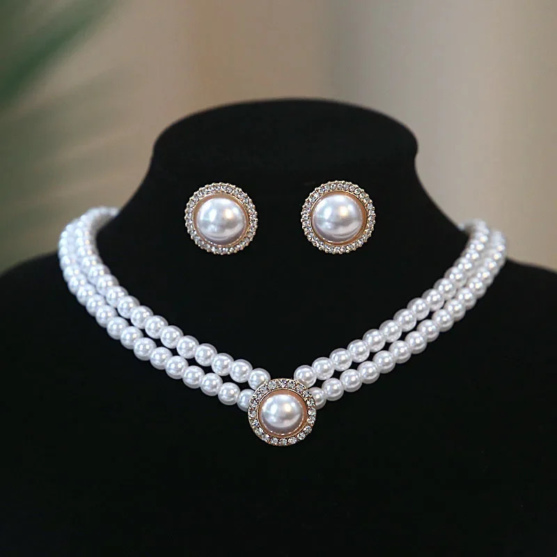 3 pieces/set of cute ladies imitation pearl round pendant necklace earrings jewelry set 241115