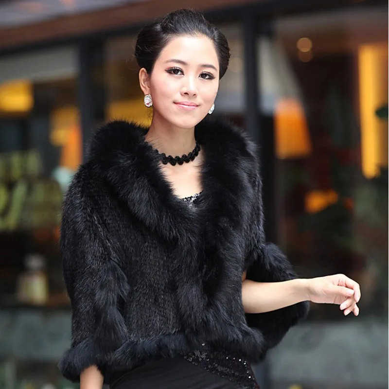 Ladies Autumn Winter Genuine Knitted Mink Fur Shawls Fox Fur Collar Women Fur Pashmina Wraps Bridal Cape Coat Jacket 241115