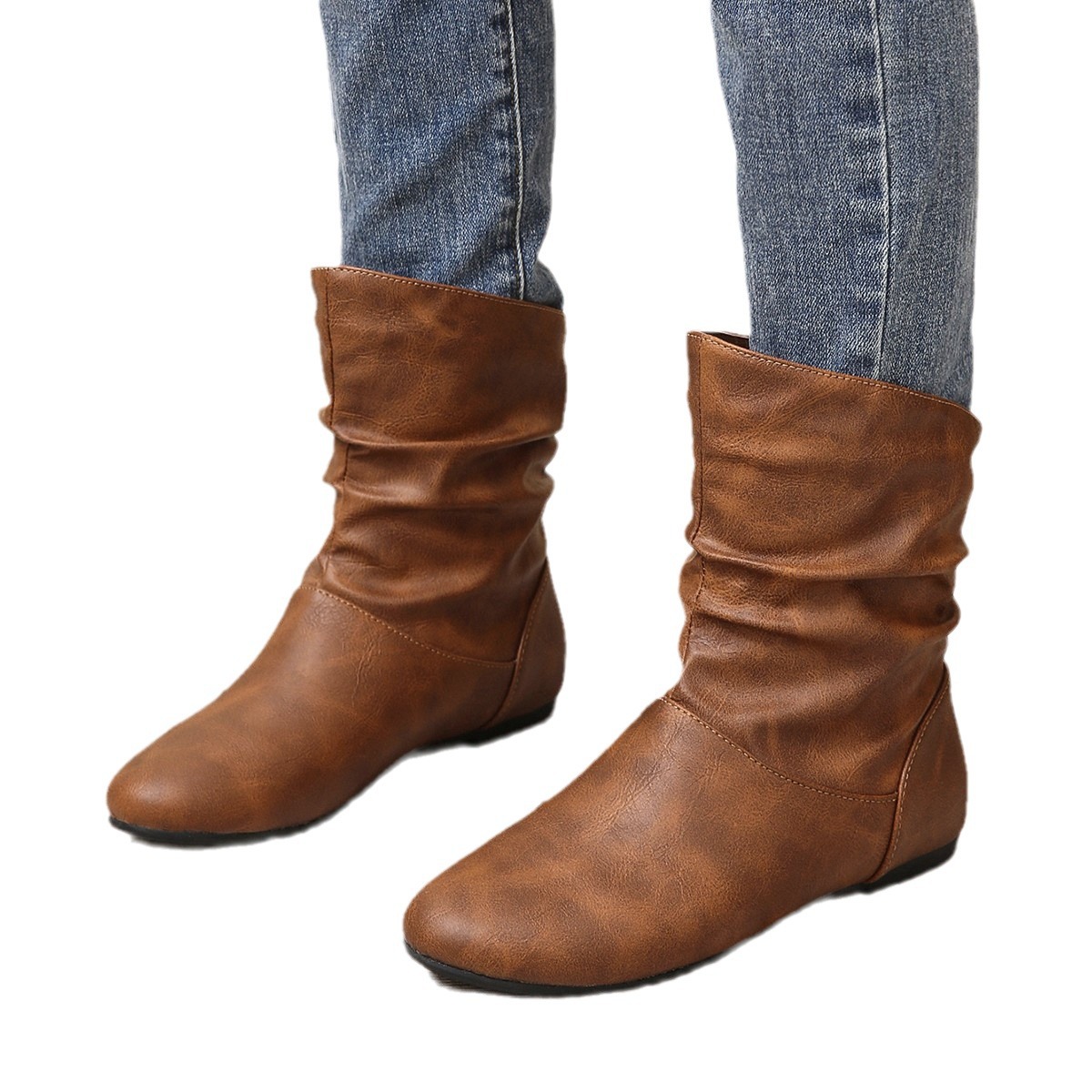 Large Women's Short Pleated Flat Bottom Versatile Short Boots.