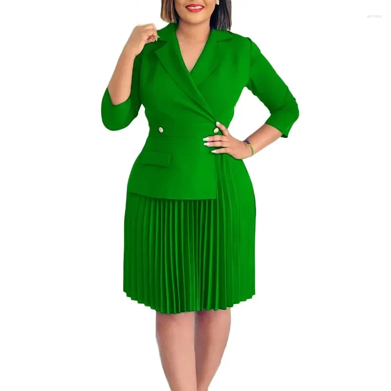 Casual Dresses Elegant For Women Blazer Turn Down Collar Pleated Modest Church Office Ladies Work Wear Female Slim Autumn B4