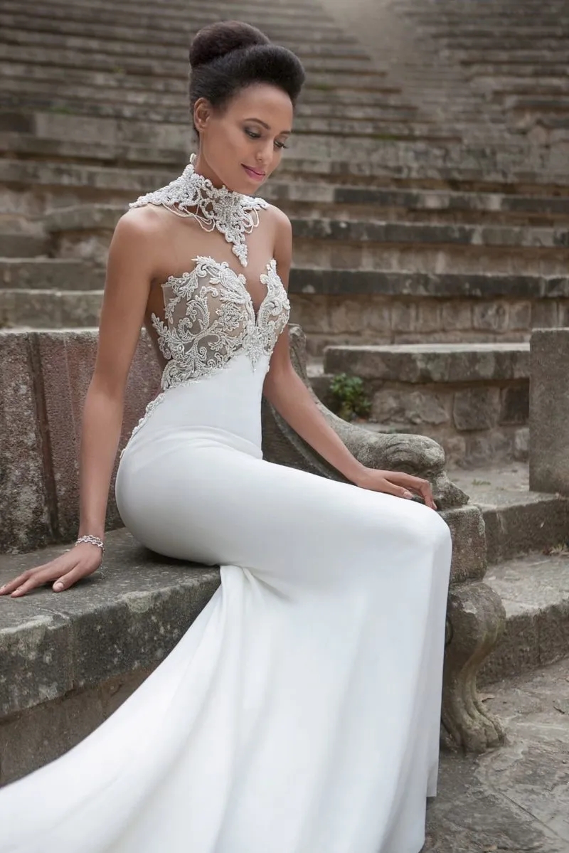 Boho Garden Mermaid Wedding Dresses Gorgeous Beading Pearls High Neckline With Applique Lace Bridal Gowns Court Train Slim Fit Backless Bride Robes de