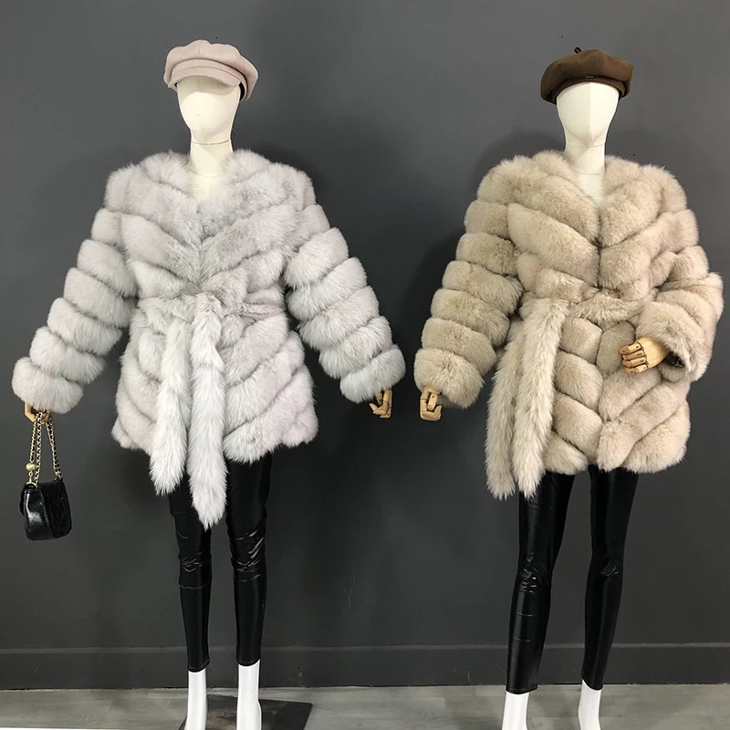 The Latest Fur Coat For Women Real Midlength Natural Jacket Hemline n Waist Belt And Drawstring 241115