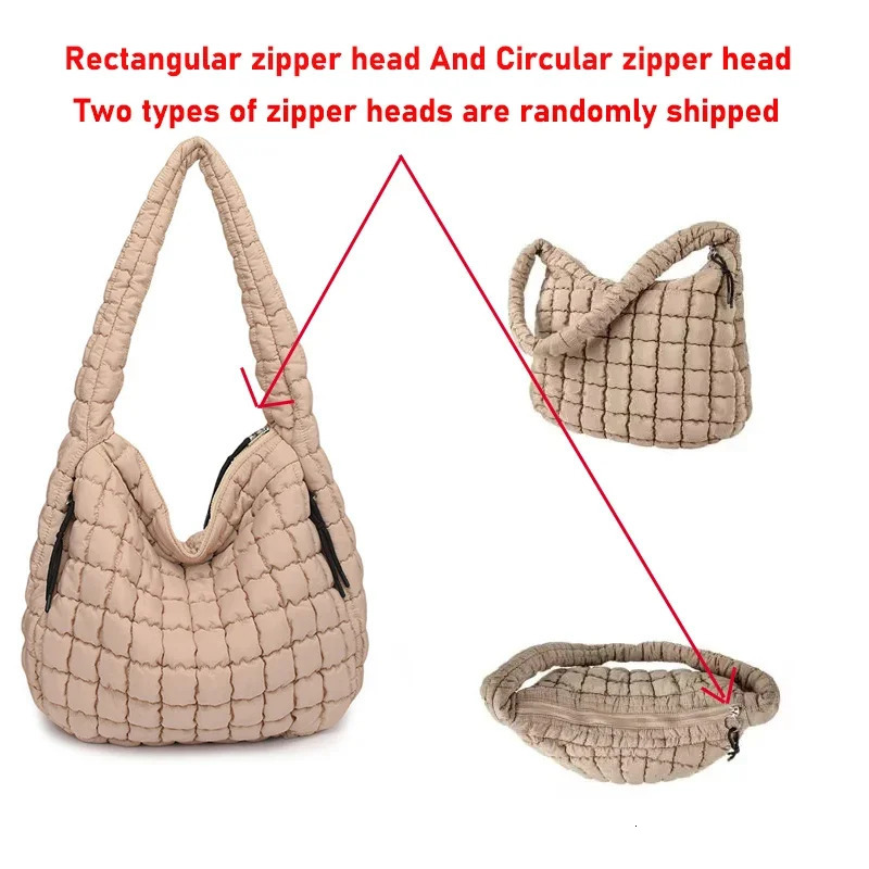 Casual Ruched Hobos Women Shoulder Bags Quilted Padded Crossbody Large Capacity Nylon Puffer Tote Bag Big Shopper Purses 241115