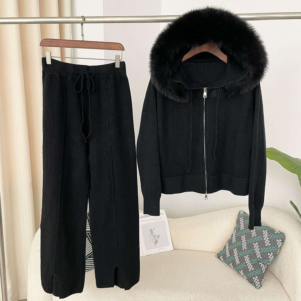 Knitwear Trousers Hooded Jacket 2024 Autumn And Winter Fashionable Sweater Suit Women Detachable Fox Collar Fur Coat