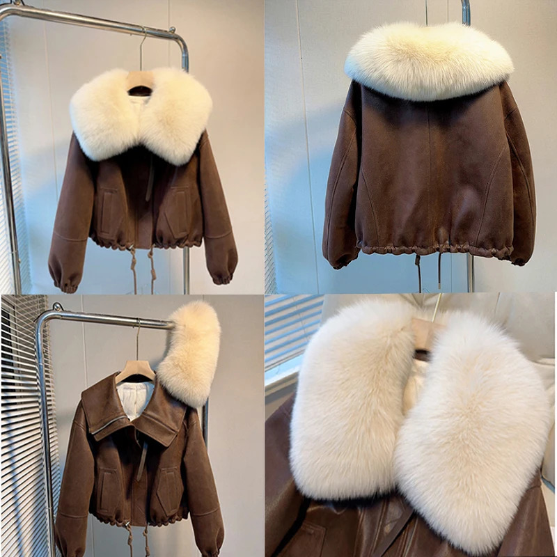 Womens Winter Down Jacket Short Real Natural Fur Collar Coats Suede Fabric Fashionable And ious In Jackets 241115