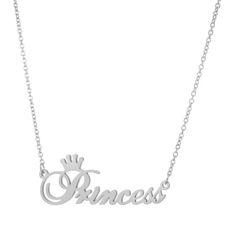 10PCS Cute Cursive Letter Crown Princess Necklace for Babygirls Script Dear Little Princess Stainless Steel Clavicle Choker for Women Female Girl Chai