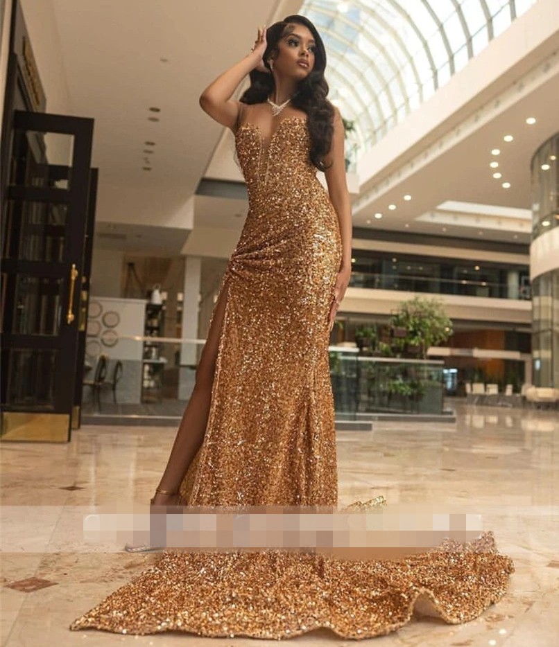 Champagne Sheer O Neck Long Prom Dress For Black Girls 2025 Sparkly Mermaid Birthday Party Dresses High Slit Evening Gowns Robe De Soiree