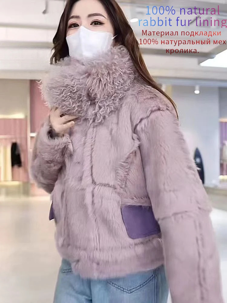 Fur Coat Women Winter 2024 In Jacket Natural Real Rabbit Hair Inner Liner Short Casual Slim VNeck Sheepskin For 241115